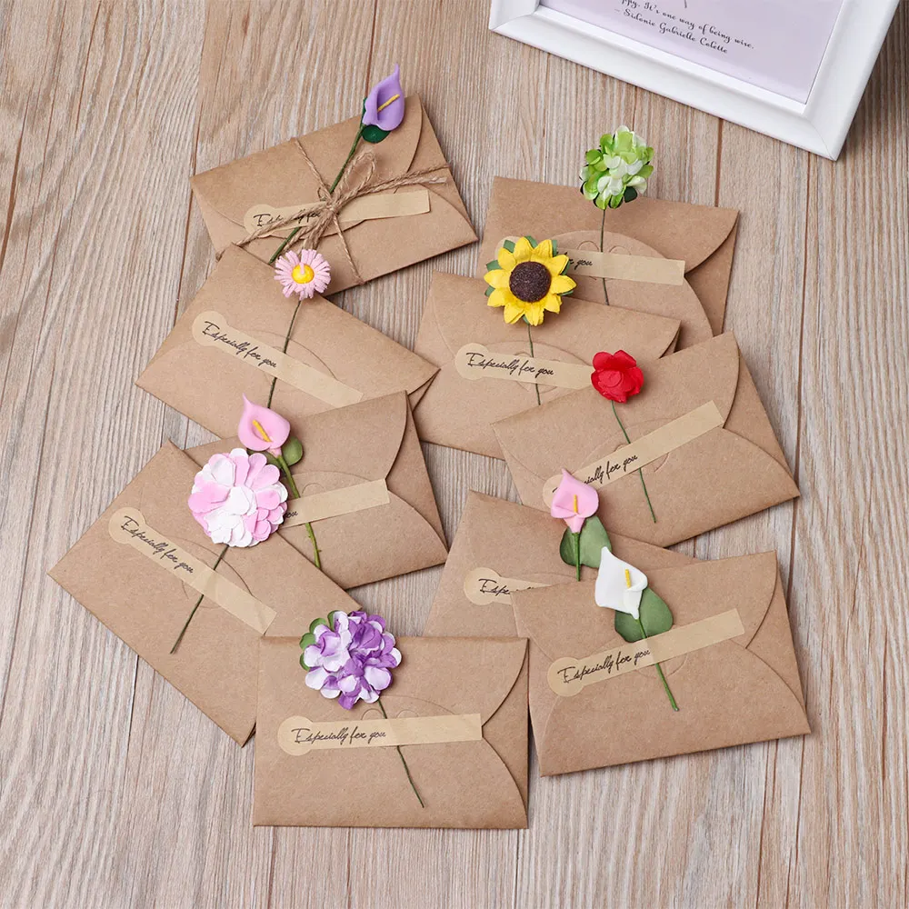 3/5Pcs Vintage DIY Kraft Paper Invitation Greeting Card with Envelope Handmade Dry Flower Wedding Party Invitation