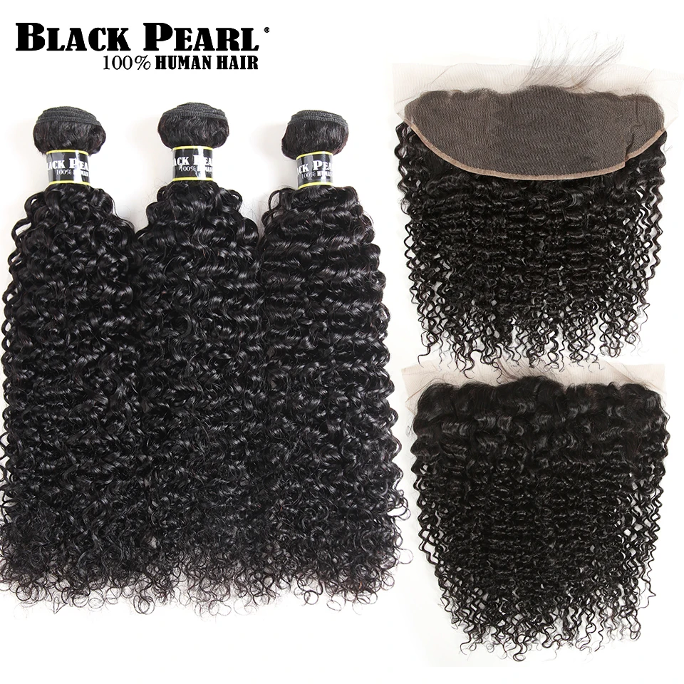Black Pearl Brazilian Kinky Curly Lace Frontal Closure with Bundles Non Remy  Curly Hair 3 Bundles With 13x4 Lace Frontal