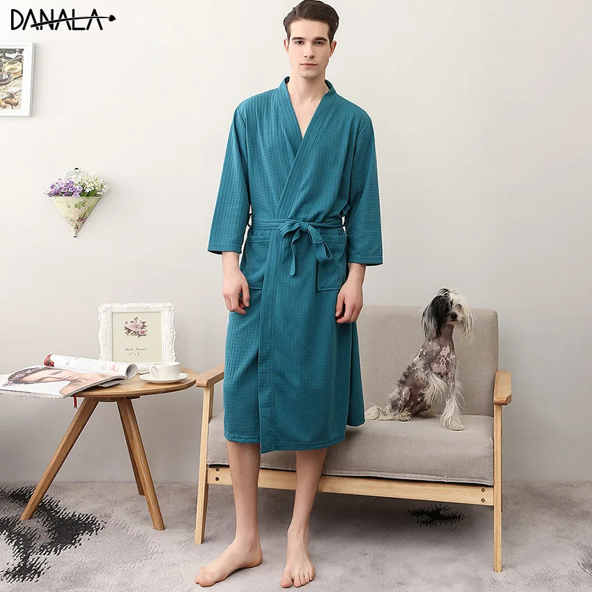 DANALA Autumn Warm Cotton Sleepwear Men Robe Kimono Long Sleeve Casual Bathrobe Night Wear