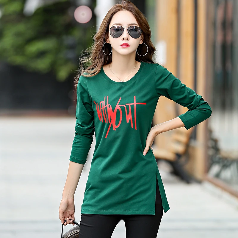 Новая зимняя футболка, длинная туника, топы с длинным рукавом, футболки для женщин, модная Хлопковая женская футболка с буквенным принтом, Camisas Femininas - Цвет: green