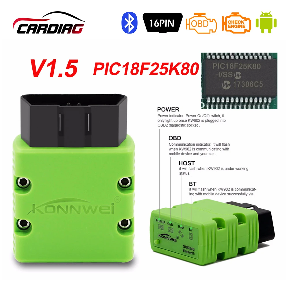 

Konnwei KW902 Bluetooth/Wifi ELM327 V1.5 with PIC18F25K80 OBDII Diagnostic Tools ELM 327 OBD2 code reader Support J1805 Protocol