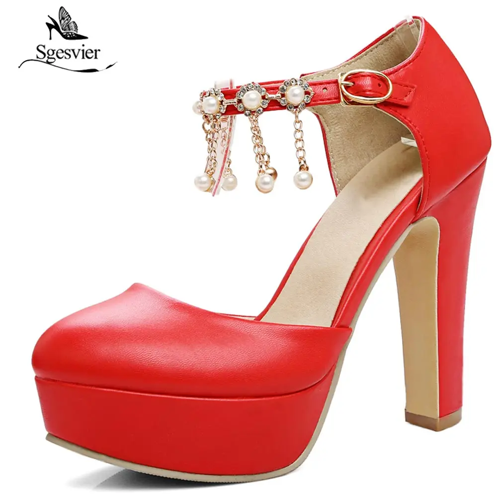 

Sgesvier Fashion Round Toe Thick High Heels Women Pumps Sexy Platform Heeled Beading Pink White Red Dress Party Shoes Woman B571