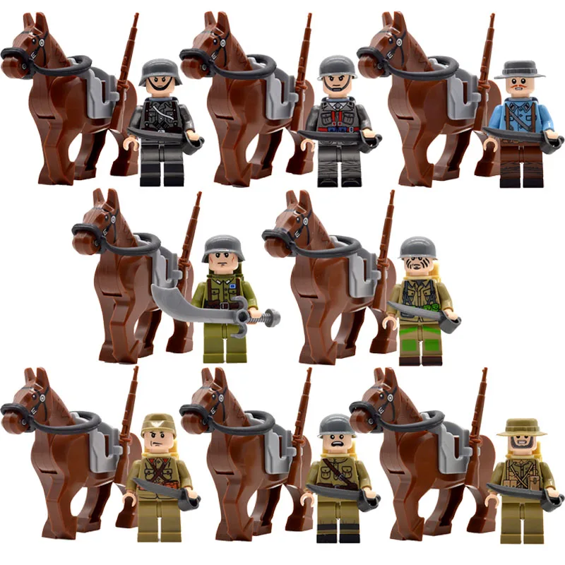  8pcs/set WW2 Cavalry Military Soldiers War Horse with Backpack Sword Rifles Guns Building Bricks Bl