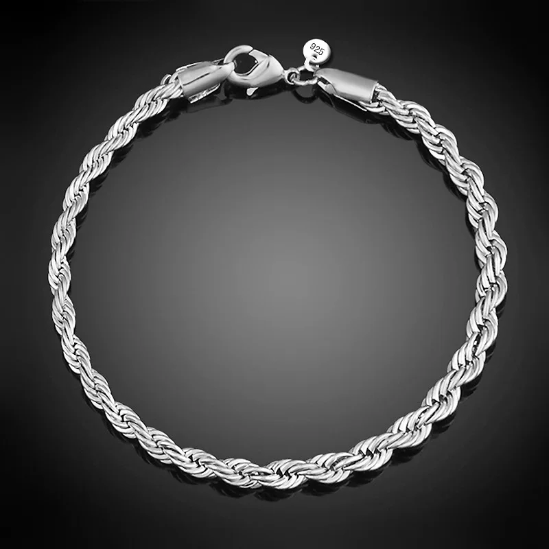 

4MM Wide Twisted Chain Silver Plated Bracelets & Bangles For Women Silver Link Chain Bracelet Female Wedding Accessories