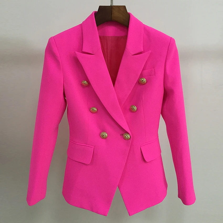 

Top Quality S-XXL Fushia Blazer Women Office Ladies Gold Double Breasted Buttons Rose Pink Autumn Winter New Fashion Blazers