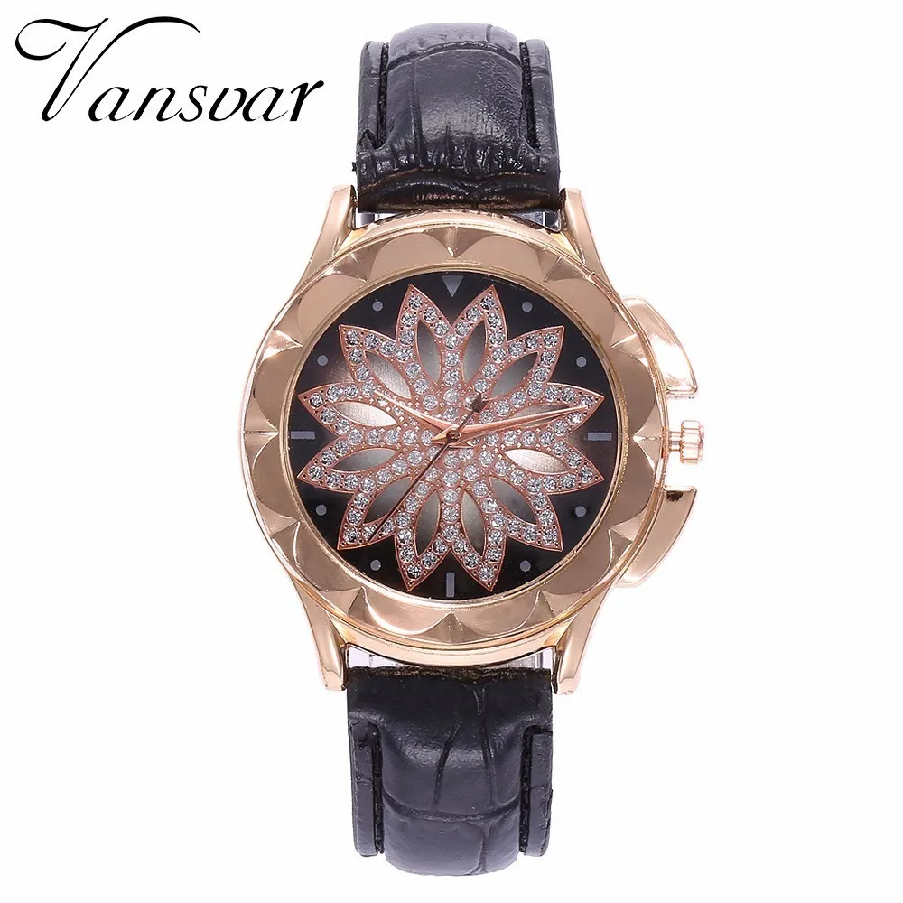 

Fashion Women Luck Flower Crystal Wristwatches Luxury Casual Leather Quartz Watches Vansvar Brand Relogio Feminino