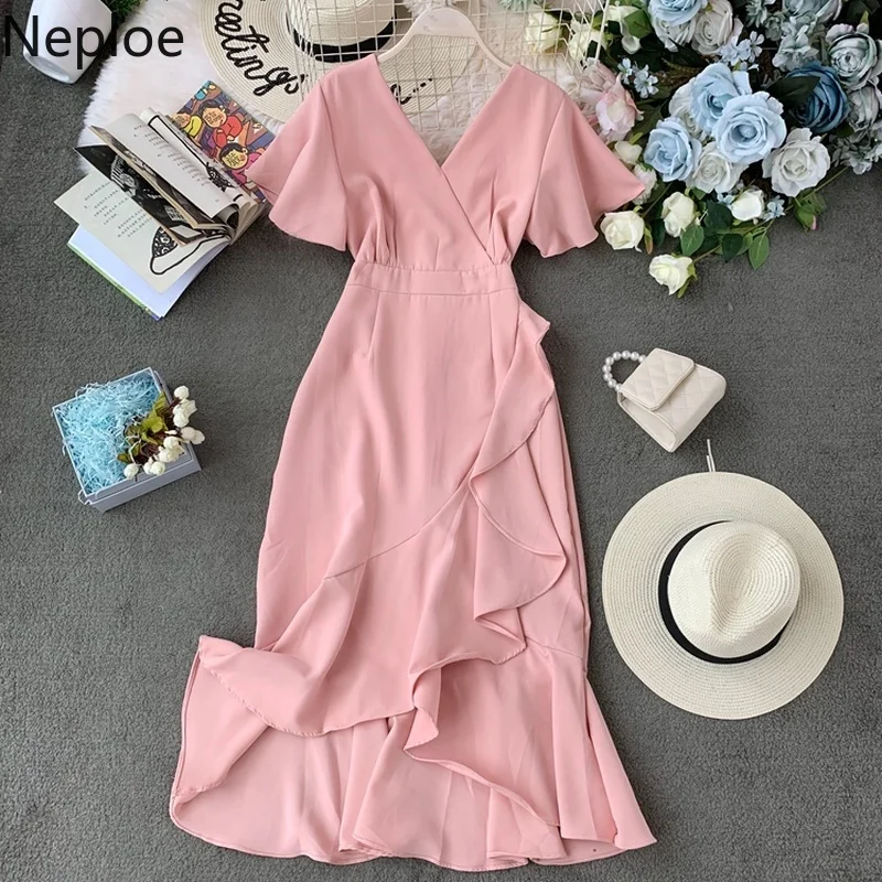 

Neploe Irregular Solid Women Dress Summer 2019 New V-Neck Flare Sleeve Vestidos High Waist Ruffles A-Line Dresses 44532