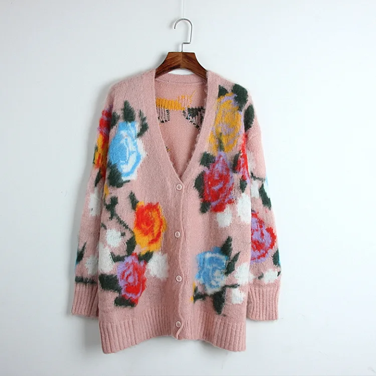 

2018 New Vintage Rose Floral Pattern Single Breasted long Mohair Loose Cardigan coat sweater Cardigans autumn winter outwear