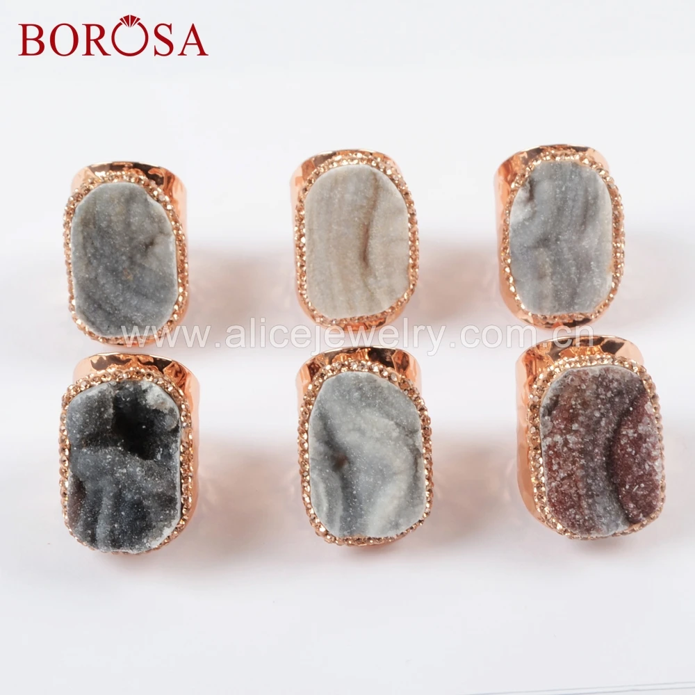 

BOROSA Jewelry 5/6PCS Rose Gold Color Natural Galaxy Quartz Stone Druzy Rings Fashion Gems Stone Ring Gifts for Women JAB952