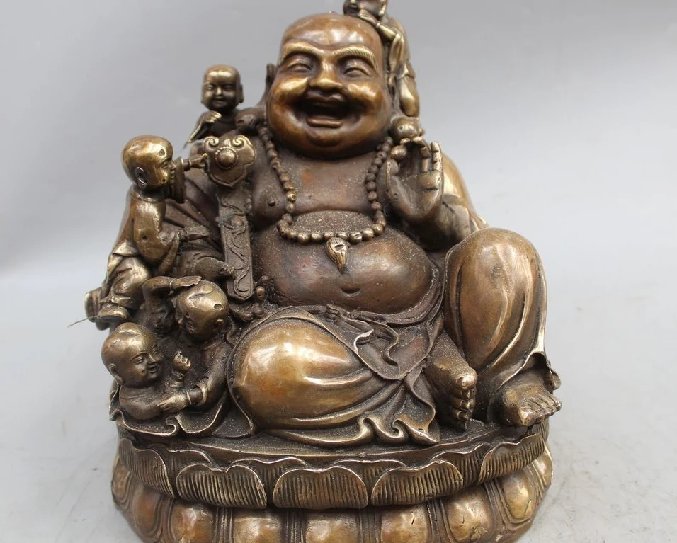 

11" Chinese Bronze Wealth Ru Yi Tong Zi Boy Happy Laugh Maitreya Buddha Statue