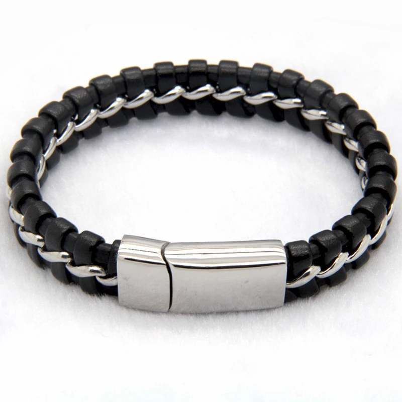 Wistic Black Bracelet with Stainless Steel Bangle Cuff and Magnetic-Clasp Plain Polished for Men Boy Wistic Black Bracelet with Stainless Steel Bangle Cuff and Magnetic-Clasp Plain Polished for Men Boy