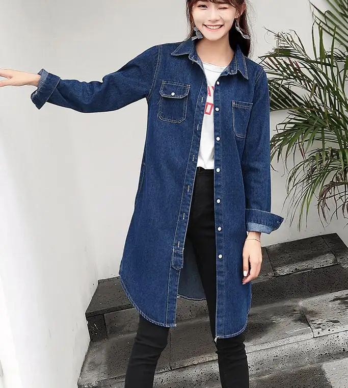 2018 Nouveau Coupe Longueur vent Et Style Manches Longues Lâche Coréen Moyen À Confortable Section Mince Manteau Automne Femme Bleu Cowboy r5BqwTxr