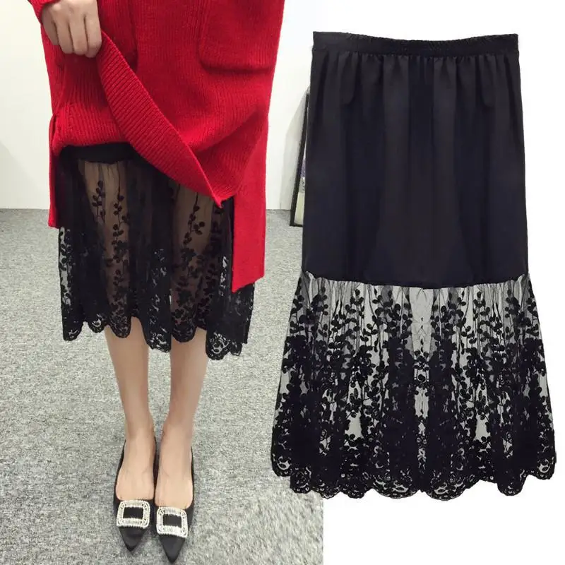 Kopen 2018 Zomer Nieuwe Collectie Vintage Bloemen Zwarte Rok Kant Stiksels Wit Backing Rok Vrouwen Elegante Dames Rokken Gratis Verzending