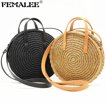 

FEMALEE 2019 Round Handbag Woman fashion PU Leather Handle Rattan Knit Bag Camel Black New Straw Bag Shoulder Messenger bag