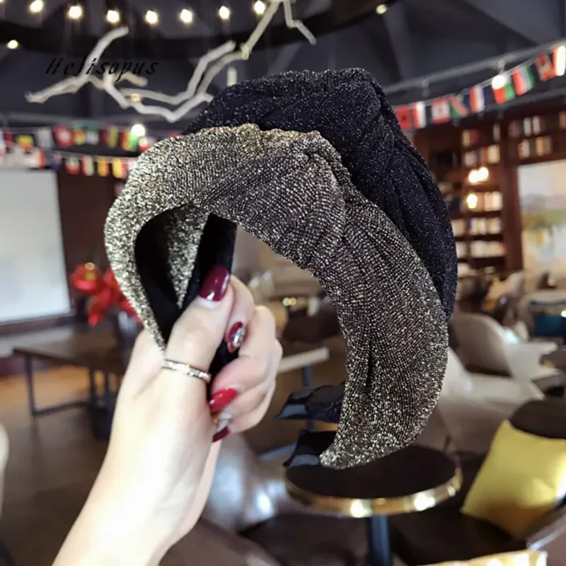 

Helisopus 2019 New Bronzing Fabric Hairbands Middle Knot Twisted Bow Head Band Women Wide Side Hair Hoop Hair Accessories