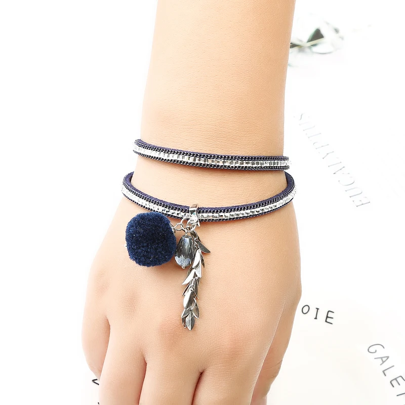 HX New Original Fashion Magnet Glass drill Buckle Crystal Hair Ball Fringe Double Circle Women Leather Bracelet Pendant Jewelry Fashion Jewelry