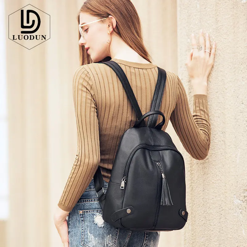 

LUODUN Brand Genuine Leather shoulder bag first layer leather backpack tide female soft leather casual wild fringed female bag