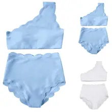 Женский летний винтажный купальник с высокой талией из двух предметов с зубчатой отделкой на одно плечо Купальник Одежда для пляжа для девочек