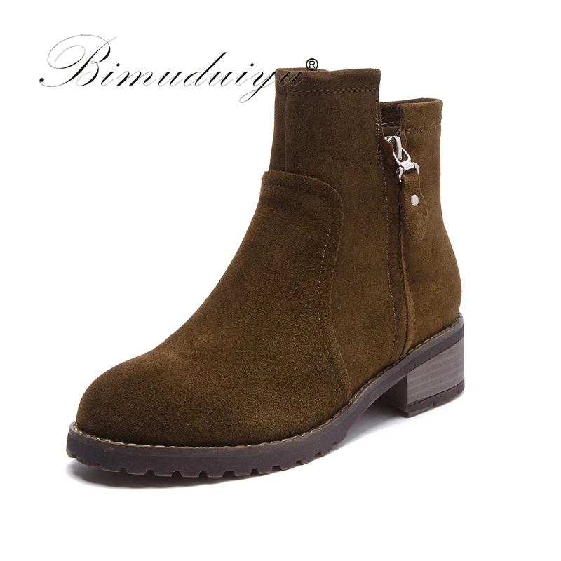 BIMUDUIYU Brand Autumn Women Short Martin Boots Genuine Nubuck Leather Ankle Boot Fashion Winter Warm Medium Heel Femmes Shoes цена BIMUDUIYU Brand Autumn Women Short Martin Boots Genuine Nubuck Leather Ankle Boot Fashion Winter Warm Medium Heel Femmes Shoes цены онлайн