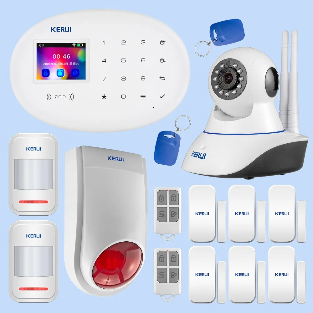 KERUI Home Security Alarm System Wireless WIFI GSM GPRS APP Remote Control Alarm RFID Card Disarm System Wifi IP Camera Kit