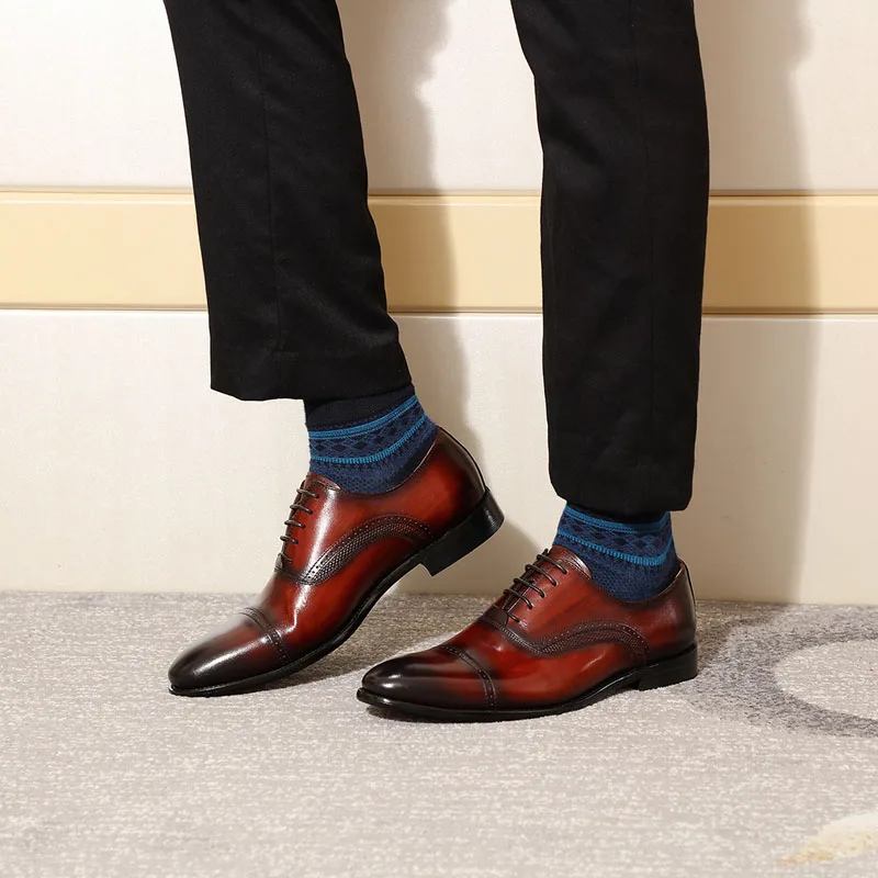 

2019 Beautiful Genuine Leather Shoes Men's Cap Toe Oxfords Real Leather Black Wine-red Mens Dress Shoes Italian Formal Shoes