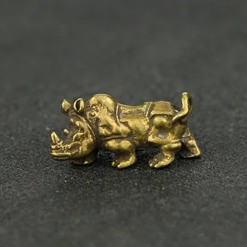 

Portable Vintage Brass Mini Cute Rhinoceros Statue Keychain Ornament Home Office School Desk Decoration Ornament Hand Toy Gift