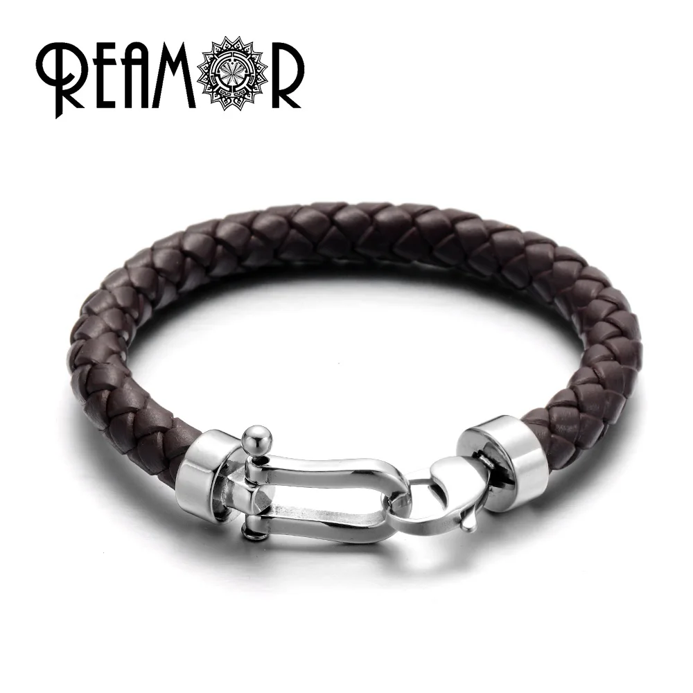 REAMOR Men Genuine Leather Braided Bracelet Bangles 316l Stainless Steel Lucky Horseshoe Lobster Clasp Bracelet Fashion Jewelry