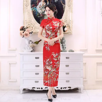 

Women 2020 New Short Sleeve Party Qipao Elegant Print Flower Cheongsam Chinese Vintage Mandarin Collar Vestidos Plus Size S-6XL