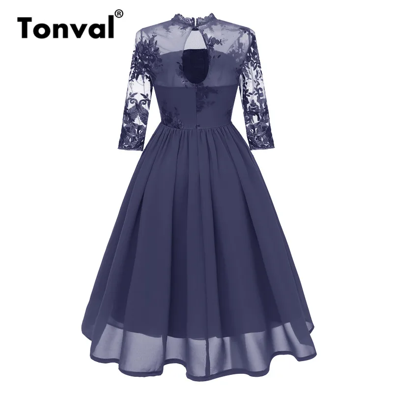 Тонваль вышивка сетки миди женские платья кружева шеи шифон винтажное платье элегантное вечернее платье с цветочным рисунком