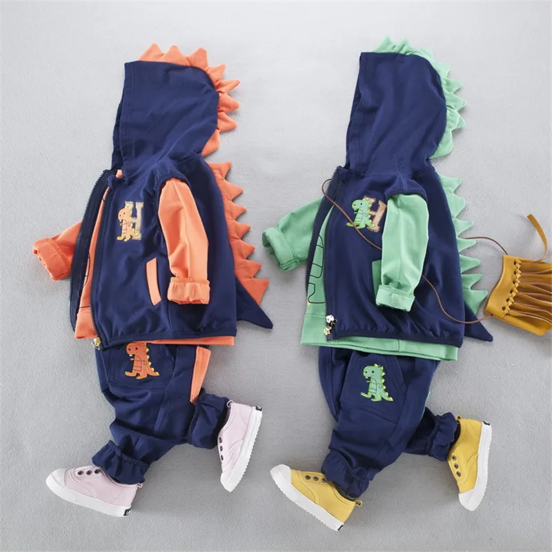 New Spring and Autumn Children Suit Baby Boy 3 Pieces 1-3 Year Old Dinosaur Cartoon Hooded Tracksuits for | Детская одежда и обувь