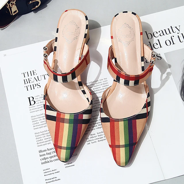 Moxxy Genuine Leather Women Slippers Black Slides Square Heel Shoes Woman Summer Slippers Sexy Open toe Med Heels Mules