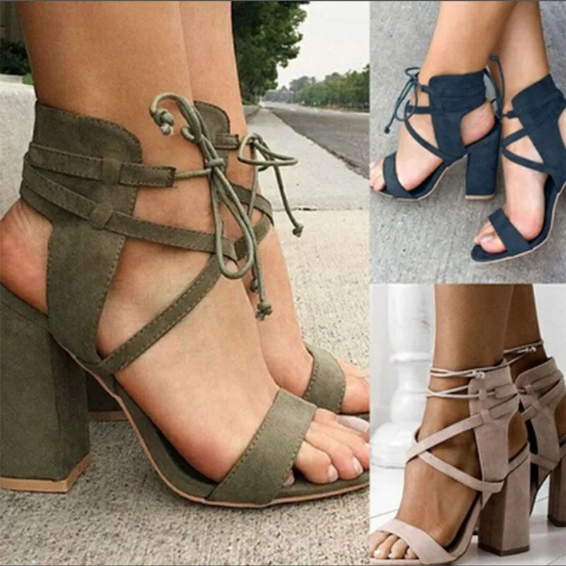 

Fashion Women Rome Gladiator Sandals Cross-tied Strappy Lace Up Summer Bootie Open Toe Square Block High Heel Shoes