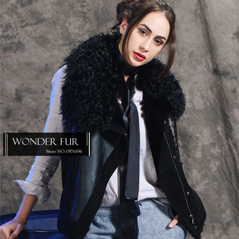 

Funny Genuine Lamb Fur Leather Vest Street Wear Coated Sheepskin Fur Waistcoat Cool Girls Punk Style Black Fur Skin Gilet