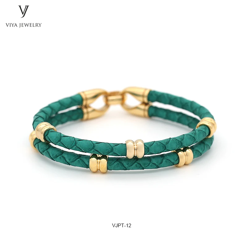 GENUINE PYTHON LEATHER MEN BRACELET WITH GOLD COLOR STAINLESS STEEL BEADS CLASP,BEST GIFT FOR MATCH UP WATCH (8)
