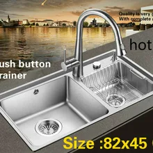 Бытовая Мода Кнопка слив кухня двойной паз раковина прочный 304 нержавеющая сталь Горячая 820x450 мм