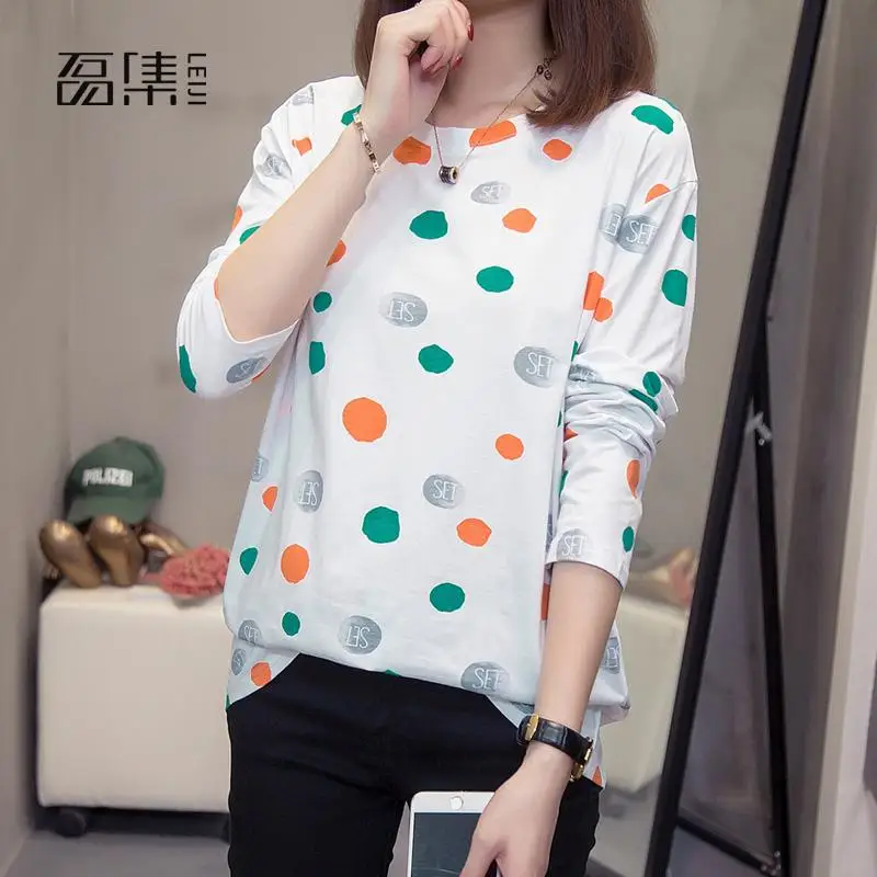 

T Shirt Women Polka Dot Plus Size O-neck Basic Korean Top Femme Long Sleeve White Tshirt Feminina