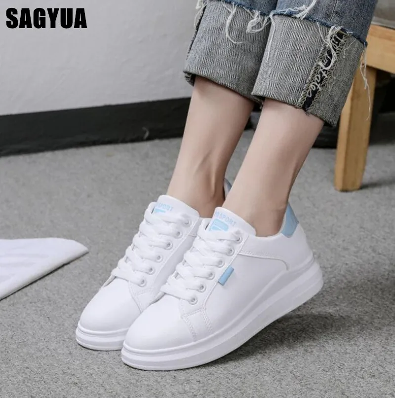 

White women shoes 2019 Spring New Wedges Shoes Platform Sneakers Breathable lace up Casual Female Shoes Chaussures femme A169