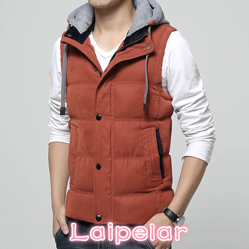 Cheap High Quality Men Casual Vest Winter Coat Hat Detachable Men Waistcoat Sleeveless Jacket Solid Outwear Vest Men 4 Colors Laipelar