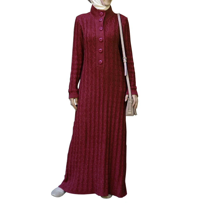 Women Knitted Turtle Neck Long Sleeve Muslim Maxi Knit Abaya Dress Front Buttons Islamic Dubai 