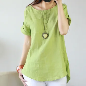 

Newly Women Blouse Flaxen Solid Color Short Sleeves Shirt Summer Girls Blouses Loose Casual Tops Plus Size DO99