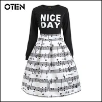 OTEN-Spring-Autumn-Women-Long-sleeve-round-neck-Music-Note-Striped-Letter-Printed-Casual-Party-black