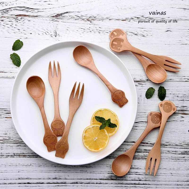 

2piece hildren Wooden Soup Fork Baby Spoon Tableware Feeding Infant