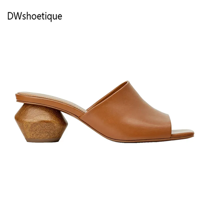 

New genuine leather women slides strange heel peep toe summer women slippers