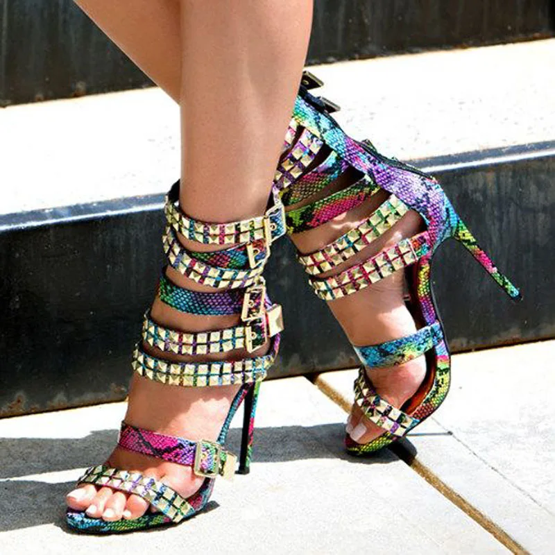 2017 Fashion Sexy Rivets Studded Stiletto Heel Sandal Multicolored Buckle Strap Sandals Wedding Party Dress Shoes Women