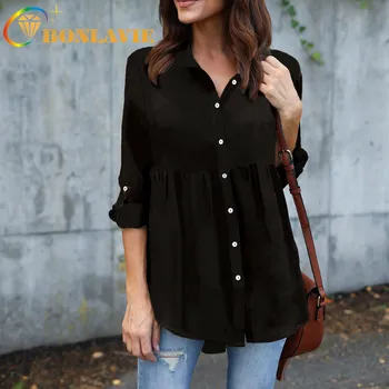 

Women Spring and Summer Blouse Collar Full Sleeves Single Buckling Solid Color Black Red Blue Pink Loose Type Chiffon Shirts