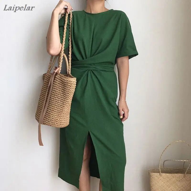 

2018 women's summer white cotton short sleeve bandage bodycon sexy dress plus size solid mid calf long casual dresses Laipelar