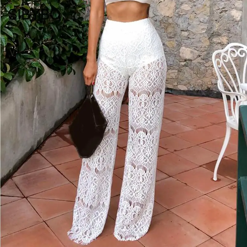 

High Waist Loose Sexy Lace Pants Women Fashion Hollow Out Lace Crochet Long Women Trousers Black Beach Casual Women Pants
