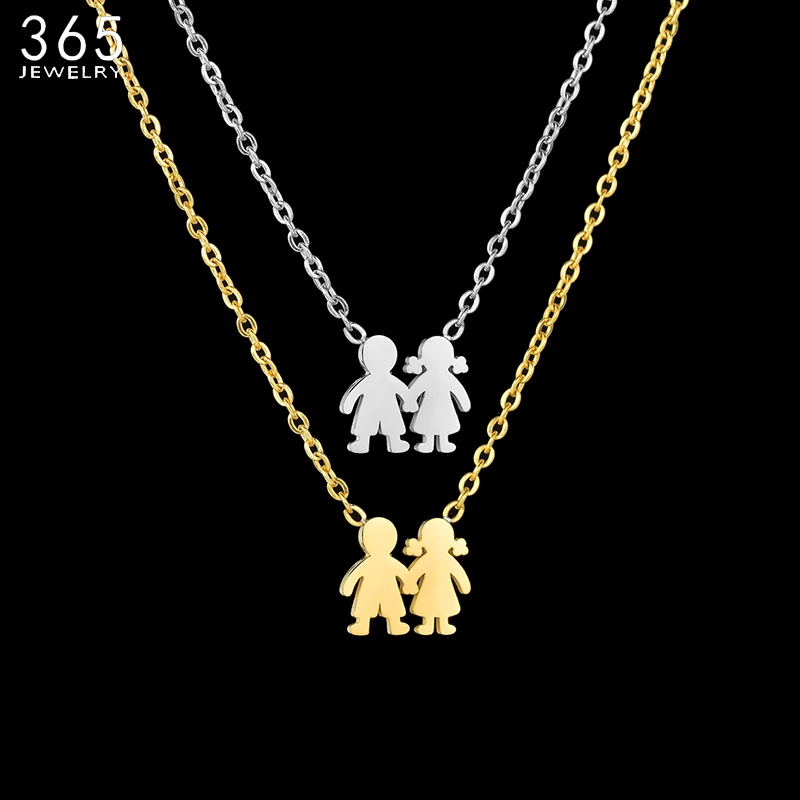 

Fashion Stainless Steel Cute Boy Girl Necklaces For Women Hand In Hand Children Engrave Name Necklace Family Jewelry
