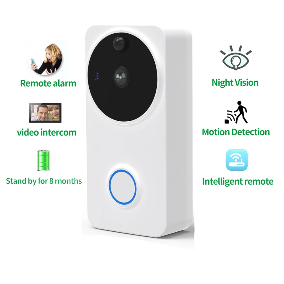 DAYTECH Wireless Smart Video Doorbell Video Intercom Camera Doorbell 720P Door Bell Battery Operation Free APP Control VD02WH