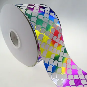 

Shipping free 3 '' 75mm wholesale rainbow foil mermaid scale with white grosgrain ribbon, ,100yard/lot